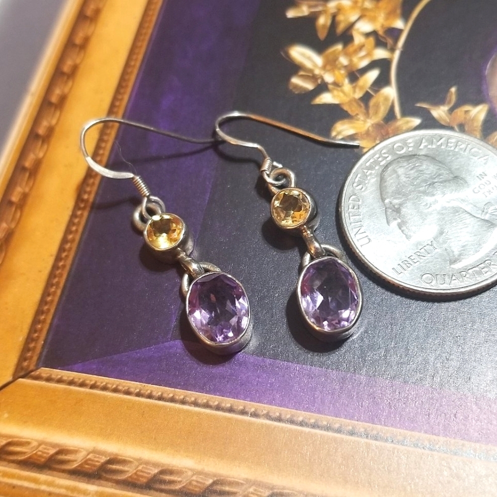 VTG Hand Crafted Sterling Amethyst Citrine Dangle Earrings